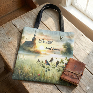 Tote Bag Église au lever du soleil avec oiseaux dans une pr