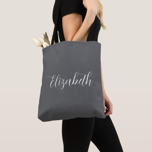 Tote Bag Élégant Abigail Script Nom personnalisé Gris (De près)