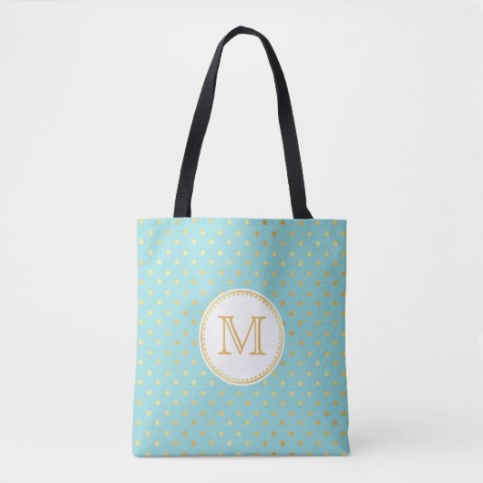 Tote Bag Elégant Aqua et Pois Or avec Monogramme (Devant)