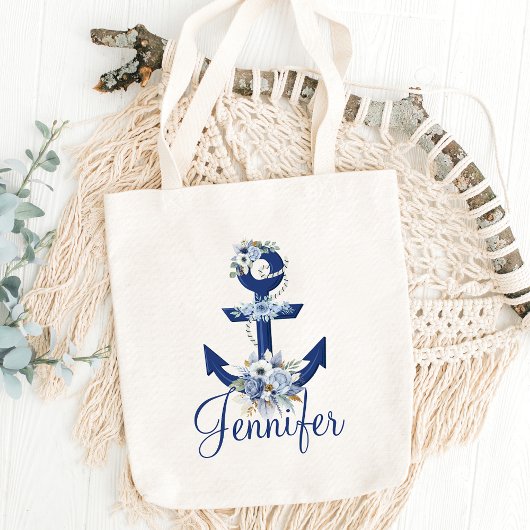 Tote Bag élégant aquarelle fleurie bleu nom nautique