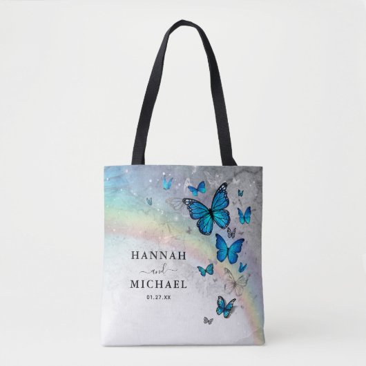 Tote Bag Elégant Argent Arc-en-ciel et Mariage Papillon ble (Devant)