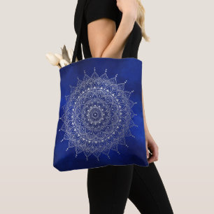 Tote Bag Elégant argent sur le bleu profond floral Henna M