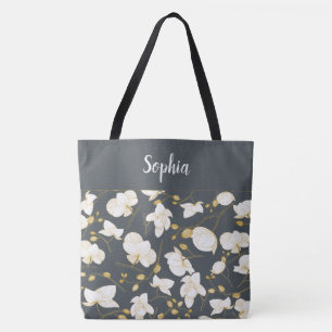 Tote Bag Elégant avec or et orchidées blanches chic gris