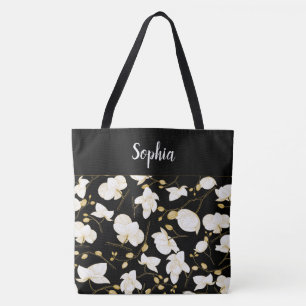Tote Bag Élégant avec or et orchidées blanches chic noir