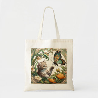 Tote Bag Elégant beige Art Nouveau Kitten et Papillon