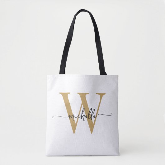 Tote Bag Elégant Blanc Gold Girly Personnalisé Monogramme (Devant)