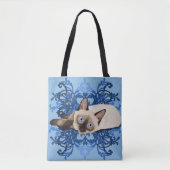 Tote Bag Elégant bleu floral chat de Siamese jolie féline (Devant)