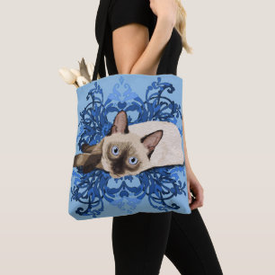 Tote Bag Elégant bleu floral chat de Siamese jolie féline