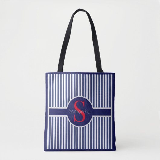 Tote Bag Élégant bleu marine rouge rayé monogramme initial (Devant)