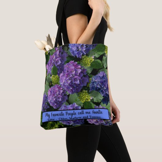 Tote Bag Elégant bleu violet magenta vert hydrangée florale (De près)