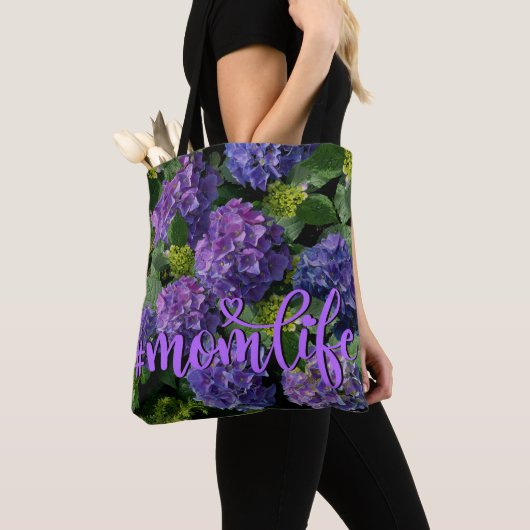 Tote Bag Elégant bleu violet magenta vert hydrangée florale (De près)