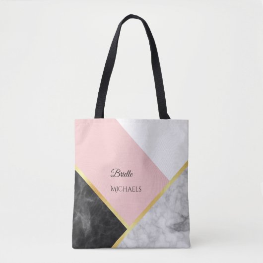 Tote Bag Élégant bloc de couleur rose marbre noir avec nom (Devant)