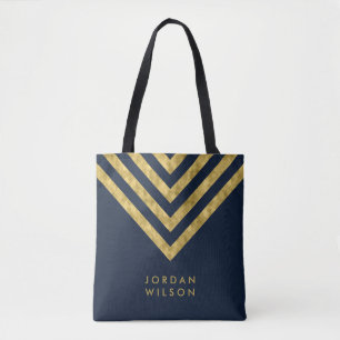 Tote Bag Elégant Blue Faux Gold Nom Chevron Motif