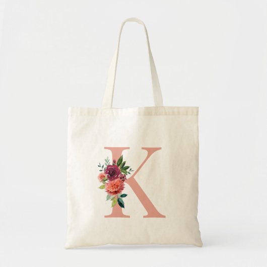 Tote Bag Élégant Blush et Bourgogne Floral Monogramme initi (Devant)
