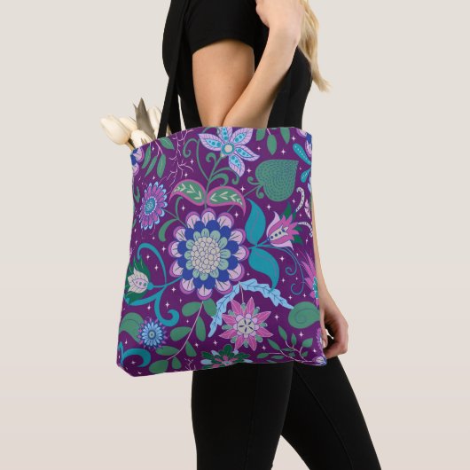 Tote Bag Élégant Boho Fleurs Violettes (De près)