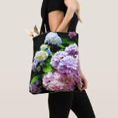 Tote Bag Elégant boho rose pourpre bleu florales hydrangées (De près)