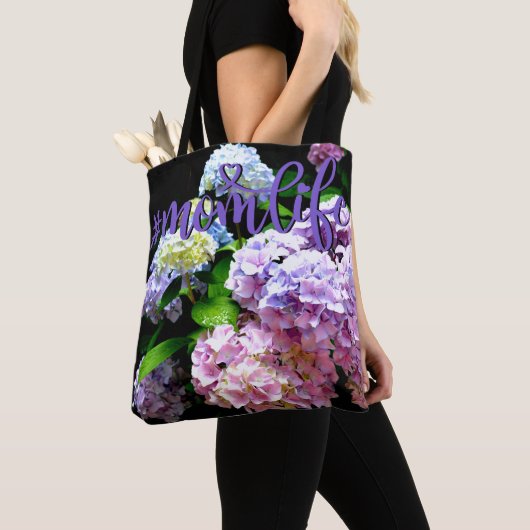 Tote Bag Elégant boho rose pourpre bleu florales hydrangées (De près)