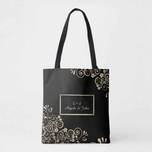Tote Bag Élégant Chic Fleurs Or, Cadre (Devant)