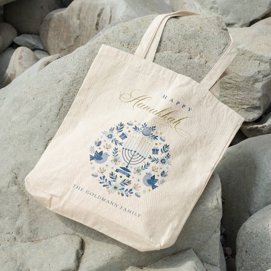 Tote Bag Elégant Classy Navy Blue Happy Hanoukka Floral