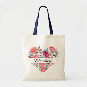 Tote Bag Élégant Cœur Floral Mariée Personnalisé 