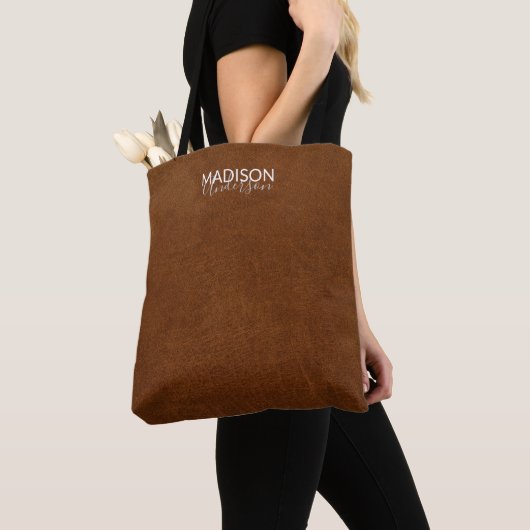 Tote Bag Elégant Cuir Brown Texture Regardez avec votre nom (De près)