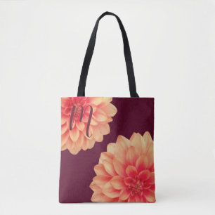 Tote Bag Élégant Dahlias Orange Fleurs Bourgogne Monogramme