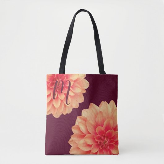 Tote Bag Élégant Dahlias Orange Fleurs Bourgogne Monogramme (Devant)