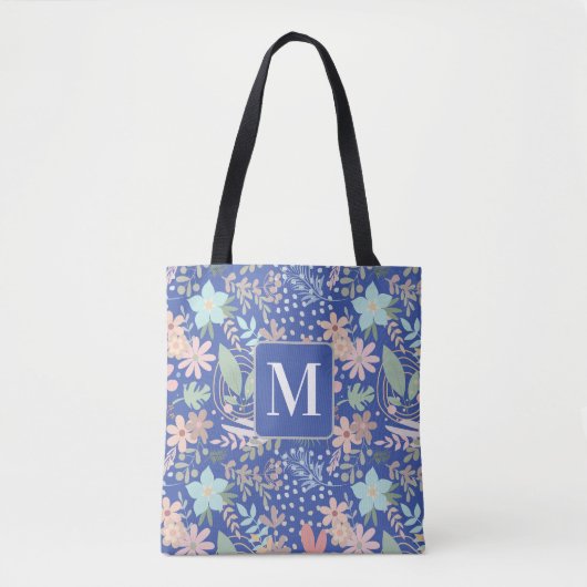Tote Bag Élégant feuille florale bleu monogramme à thème (Devant)