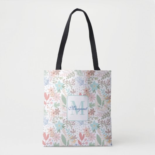 Tote Bag Élégant feuille florale bleu monogramme à thème (Devant)