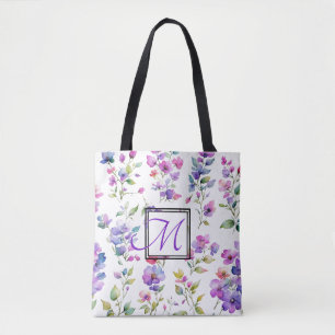 Tote Bag Élégant fleurs sauvages d'aquarelle rose violet