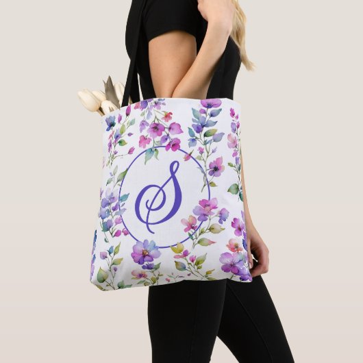 Tote Bag Élégant fleurs sauvages d'aquarelle rose violet (De près)