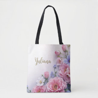 Tote Bag Elegant Floral Design in Pink Blue White Bloom