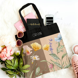 Tote Bag Élégant floral noir printemps beige marron tendanc
