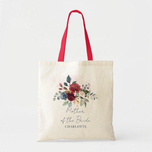 Tote Bag Élégant Floral Script Bordeaux Mère de la Mariée (Devant)