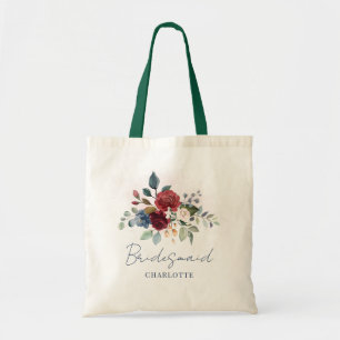 Tote Bag Élégant floral script bordeaux robe demoiselle d'h