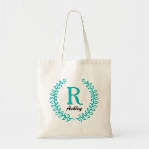 Tote Bag Élégant Floral Turquoise Monogramme Fourre-tout