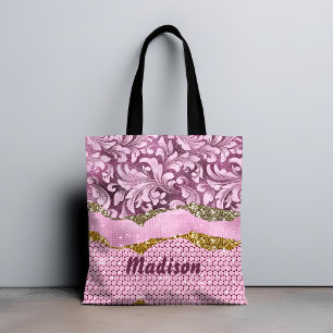 Tote Bag Élégant glitterie florale Monographie d'or rose vi
