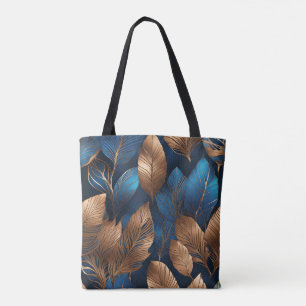 Tote Bag Elégant Gold Blue Foliage Nature Design