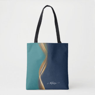 Tote Bag Elégant Gold Wave Blue Turquoise avec nom