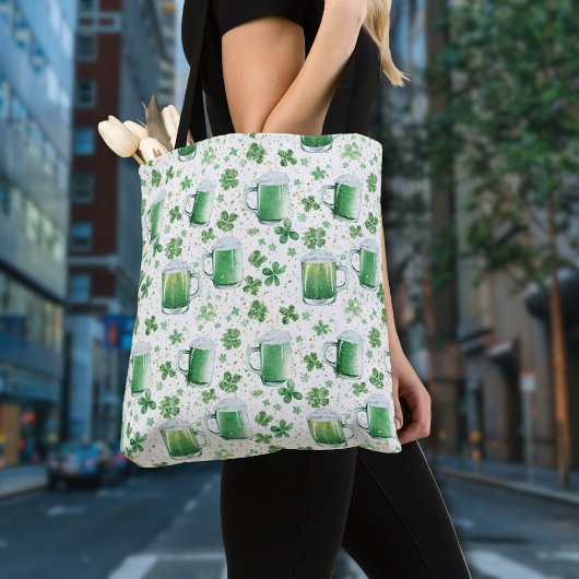 Tote Bag Elegant Green Beer Mugs and Shamrocks White
