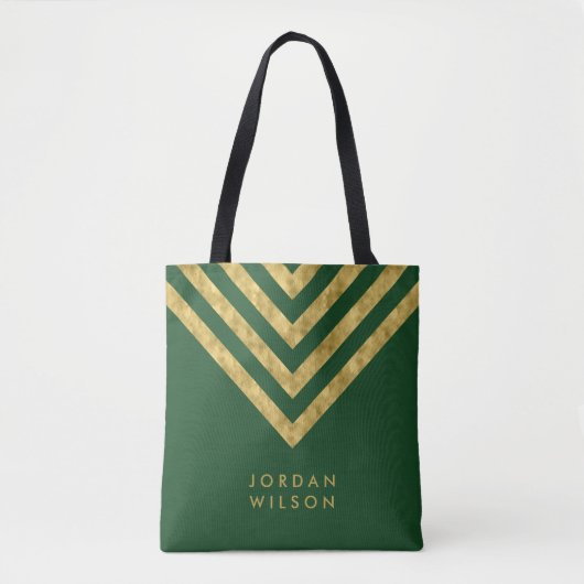 Tote Bag Elégant Green Faux Gold Nom Chevron Motif (Devant)