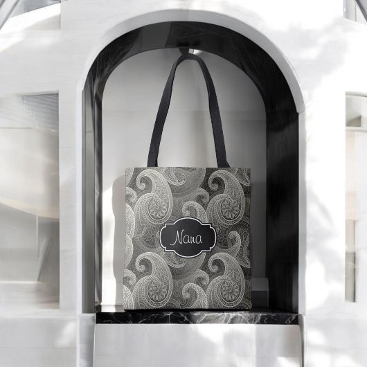 Tote Bag Élégant Gris Paisley Monogramme