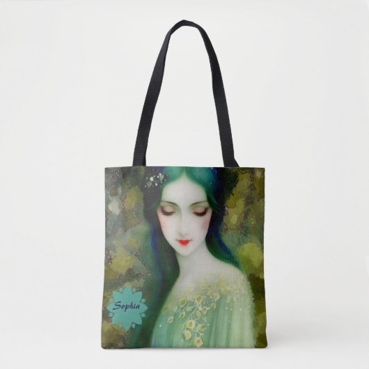 Tote Bag Élégant Imaginaire Portrait femme en vert et bleu (Devant)