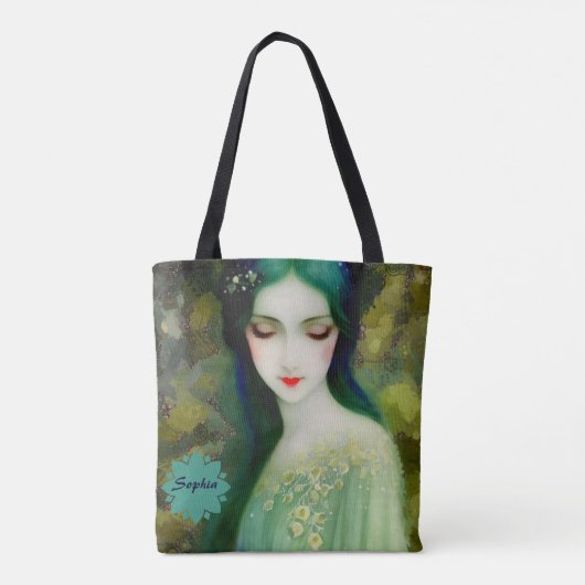 Tote Bag Élégant Imaginaire Portrait femme en vert et bleu (Dos)