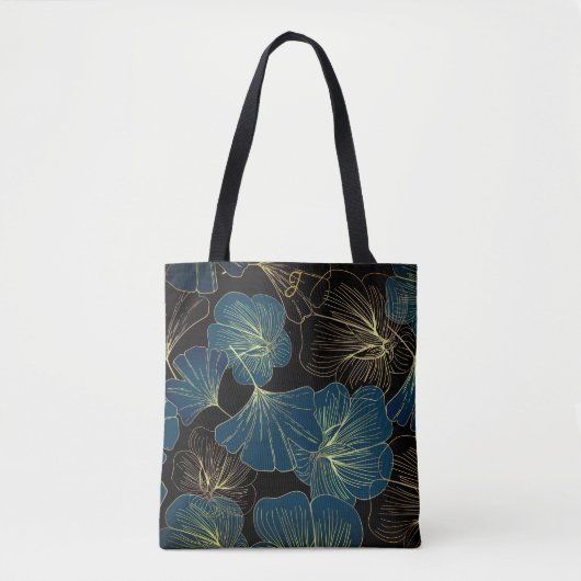 Tote Bag Elegant Leaves of Blue With Gold Lines Botanical (Devant)