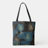 Tote Bag Elegant Leaves of Blue With Gold Lines Botanical (Dos)