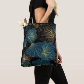 Tote Bag Elegant Leaves of Blue With Gold Lines Botanical (De près)