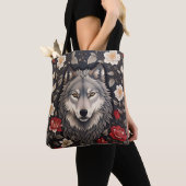 Tote Bag Élégant loup gris floral (De près)