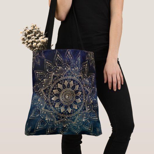 Tote Bag Elégant Mandala Gold Blue Galaxy (De près)