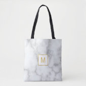 Tote Bag Elégant Marbre blanc Look Faux Gold Monogramme (Devant)